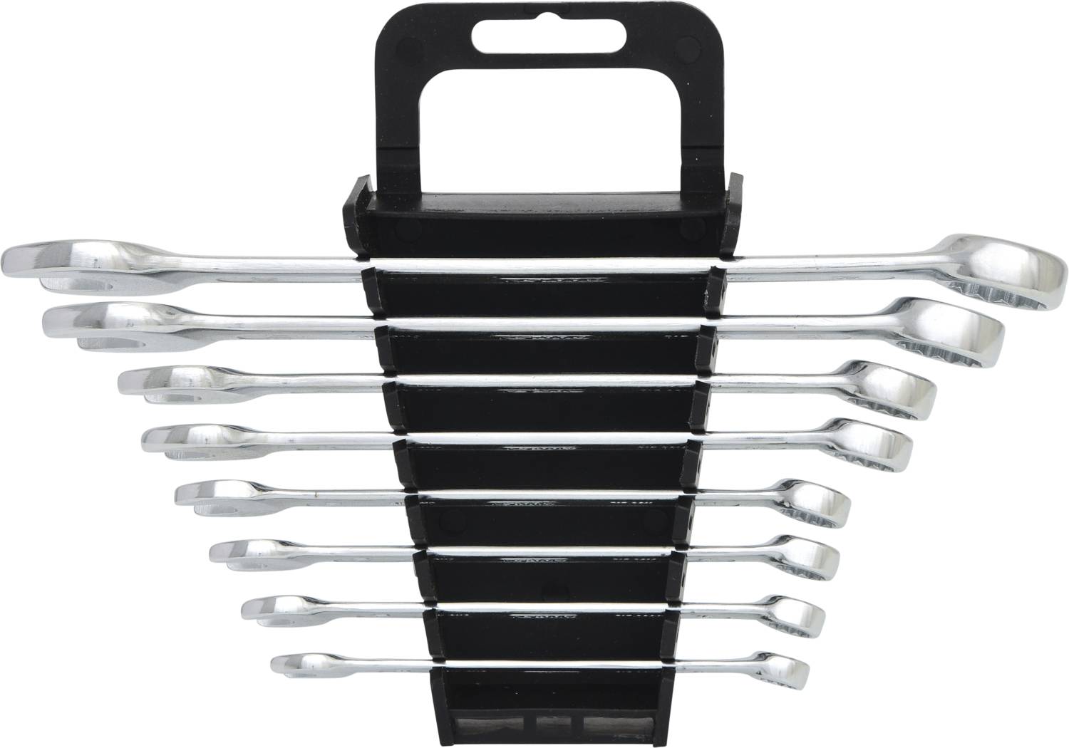 A set of nine silver spanners in varying sizes, neatly arranged in a black holder.