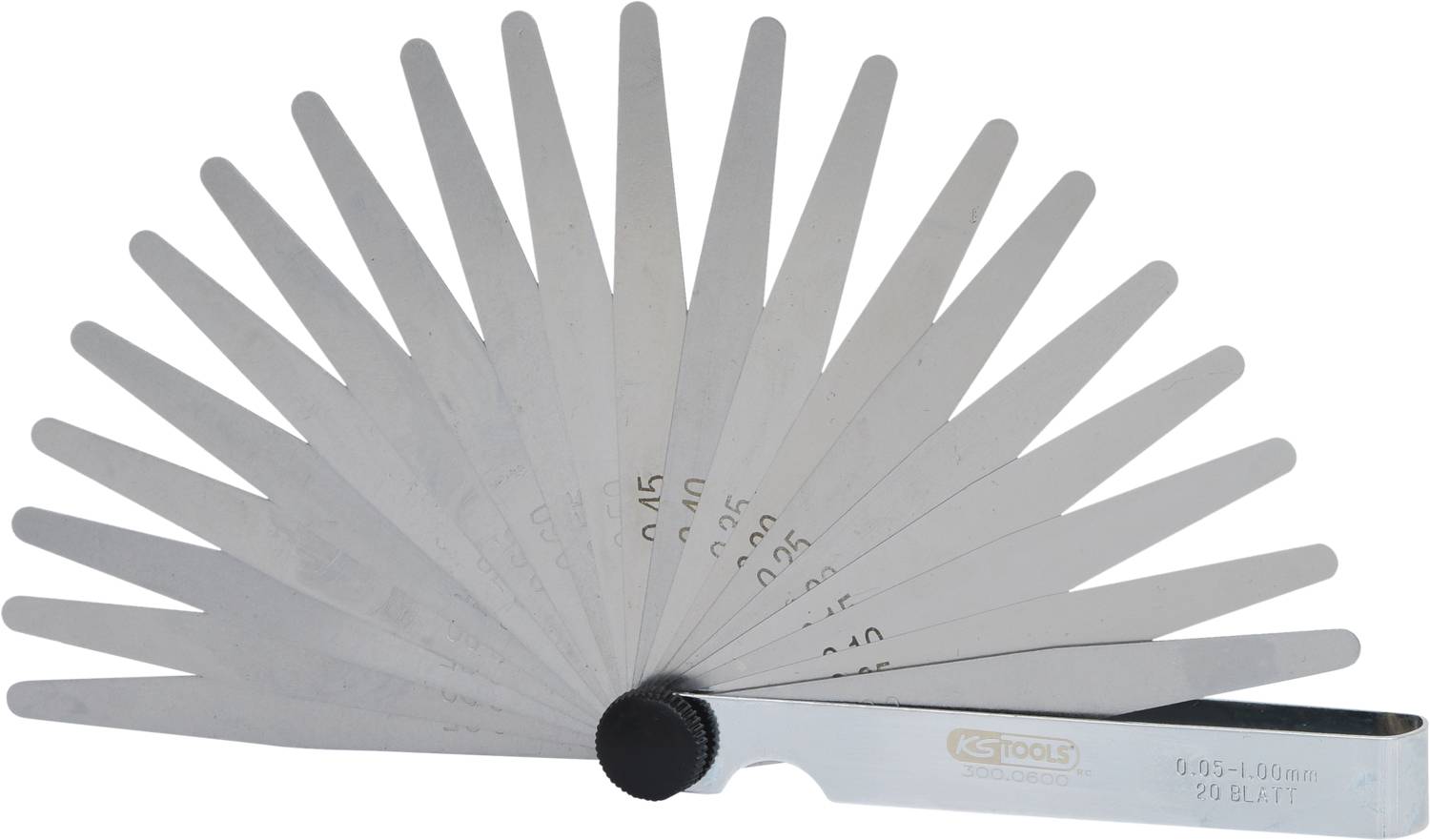 Feeler gauge with multiple steel blades that fan out, used for measuring small distances or checking gap widths.
