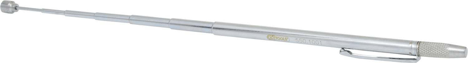 A silver, telescopic magnetic retrieval rod with pocket clip. Used for picking up metallic objects in hard-to-reach areas.