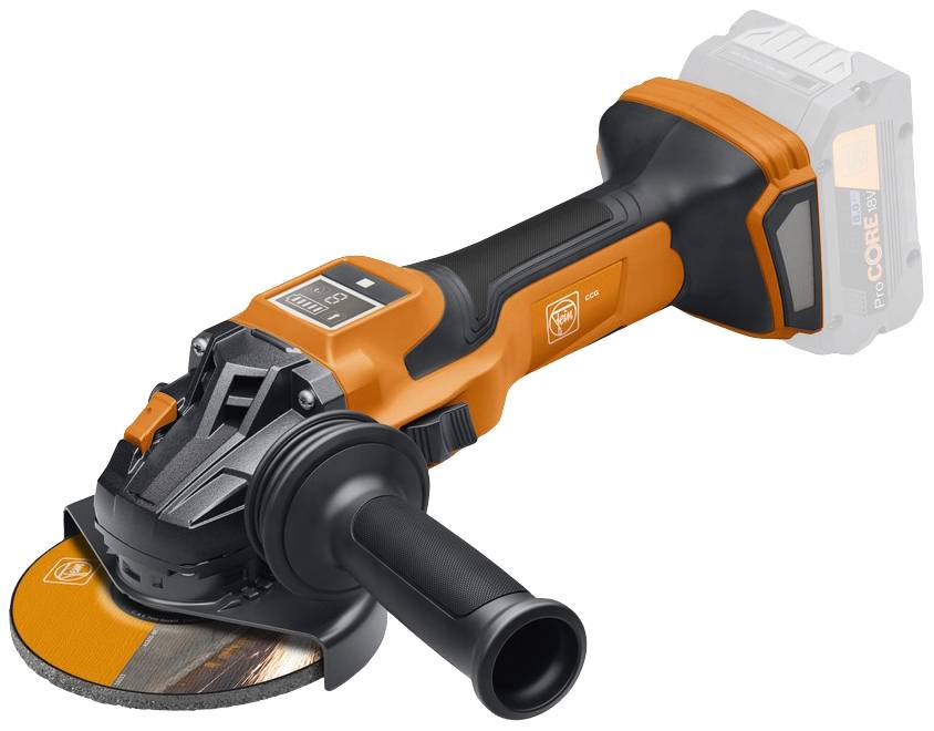 Battery-powered angle grinder in orange and black, with side handle, suitable for metal processing and grinding work.