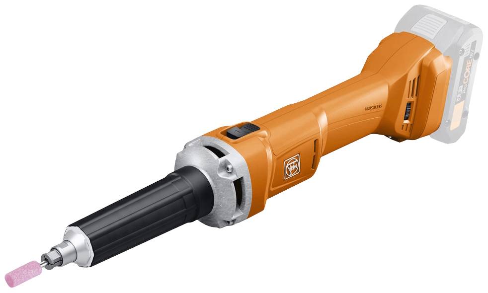 An orange cordless angle grinder with a small, pink grinding head, primarily for precision grinding.