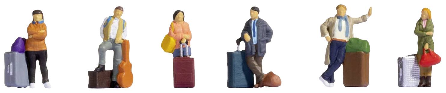 Six miniature figures standing side by side, carrying suitcases and bags, wearing different travel outfits.