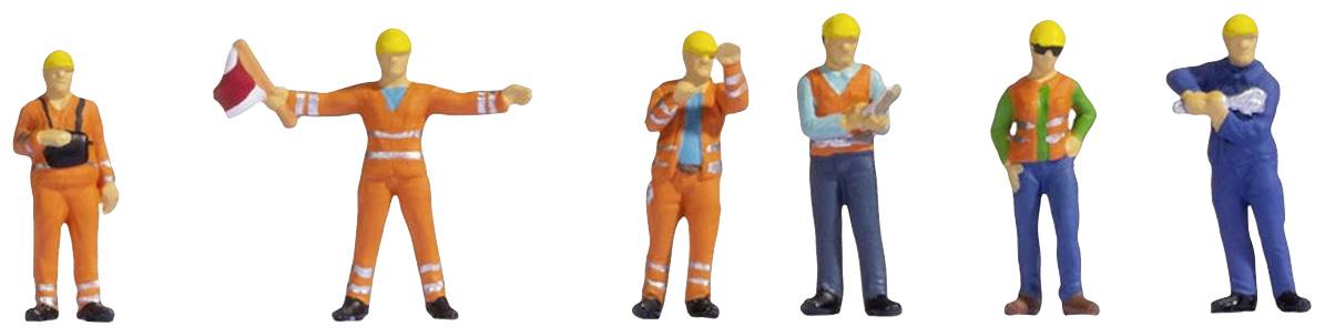 Six model figures in construction workers' clothing, holding various gestures and tools.