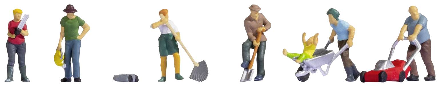 Six miniature figures: One person with a broom, others holding rakes, wheelbarrow, broom, rubbish bin. Representation of gardening work.