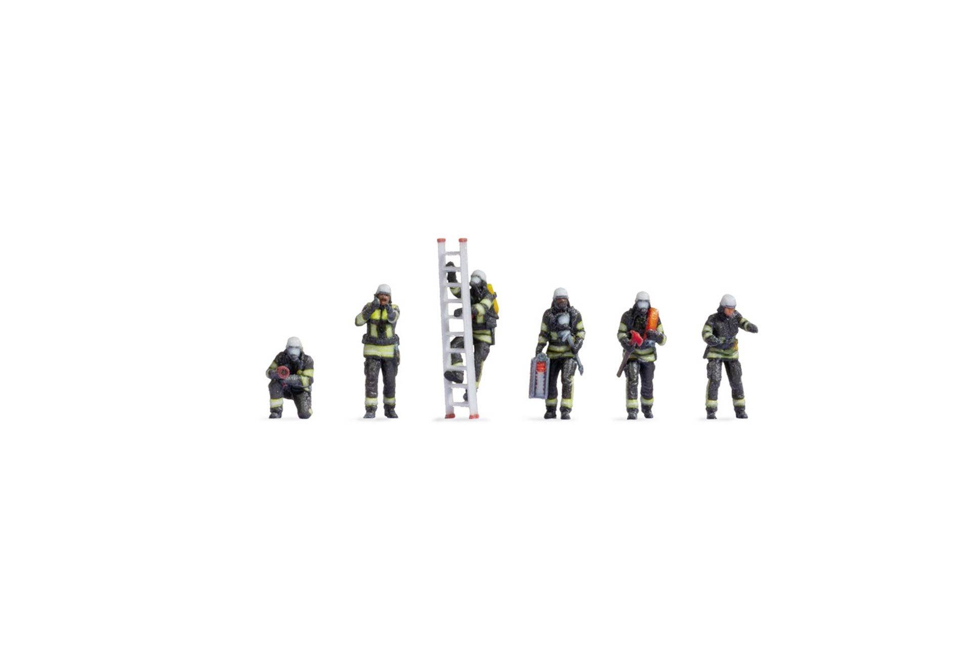 Six firefighters in protective clothing stand against a white background. One is holding a ladder, while another is carrying a piece of equipment.