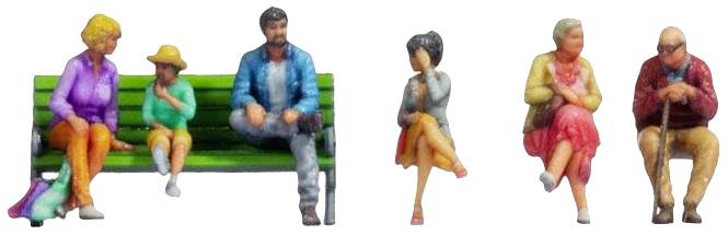Several miniature figures are sitting on a bench, including a child wearing a hat, a man, a woman and two elderly people.