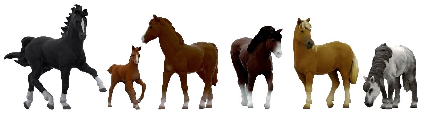 Six colourful horse figures standing side by side. On the left, a black horse, next to it a foal, followed by horses in various shades of brown.