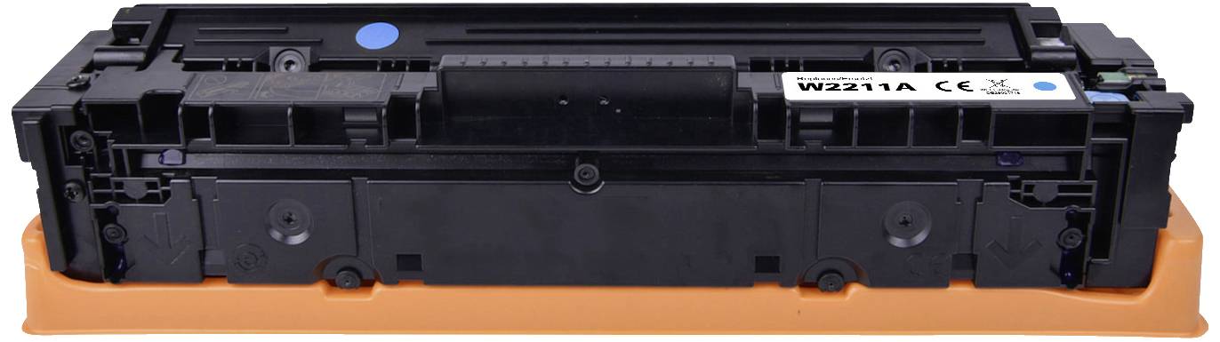 Black toner cartridge with an orange protective cap on the underside. CE marking present.