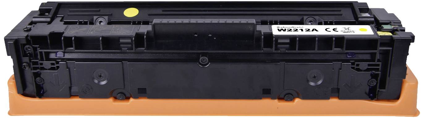Black toner cartridge with orange protective packaging, suitable for printers. Main view shows the front side of the cartridge.