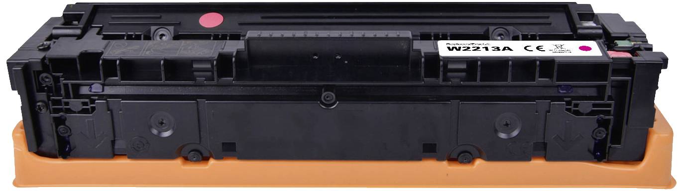 Black toner cartridge for a printer, with label 'W2030A CE', on an orange base, suitable for LaserJet models.
