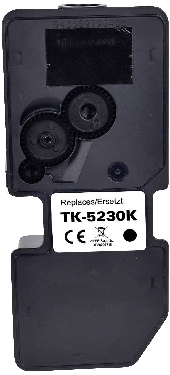 Black toner cartridge with inscription 'Replaces/Replaces: TK-5230K'. Shows gears and CE marking.