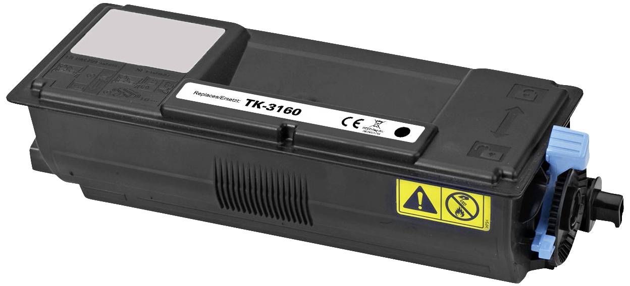 Black toner cartridge with the label 'TK-3160' and a yellow warning symbol. Used in printers for black and white prints.