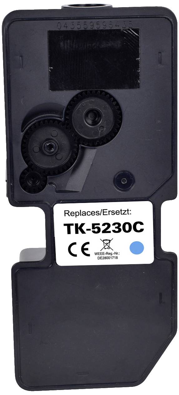 Ink cartridge labelled 'Replaces/Ersetzt: TK-5230C' and 'CE'. Black plastic casing with visible gears.