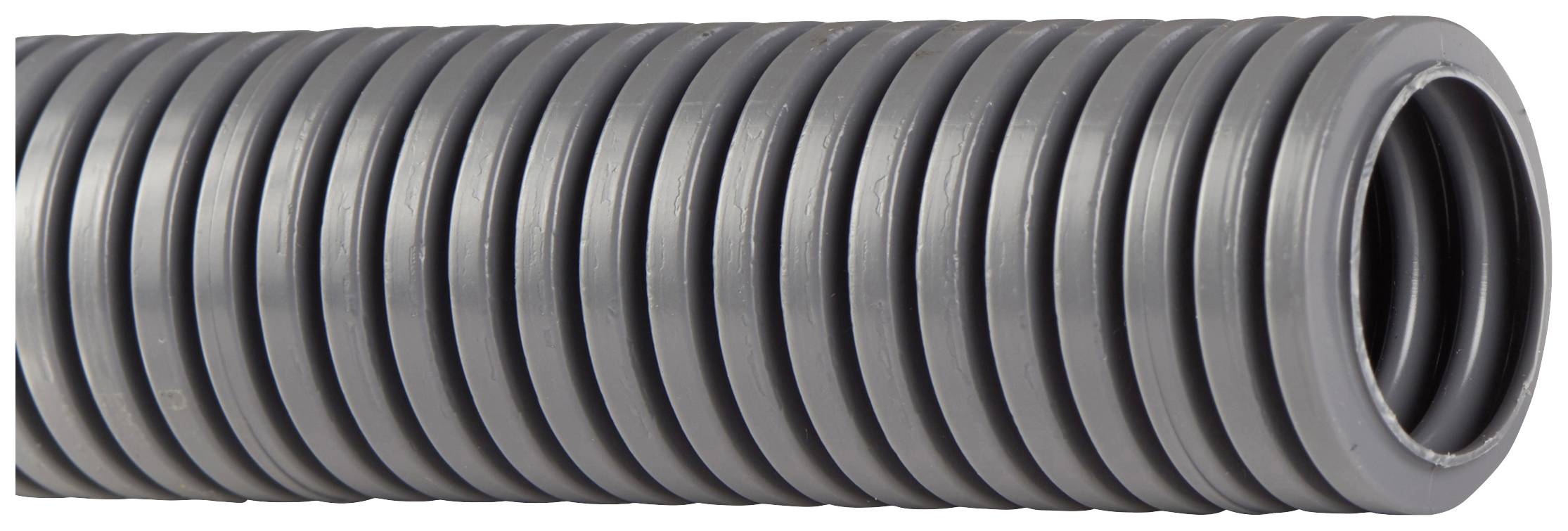 Grey, corrugated plastic conduit, flexible, for cable routing or pipelines. Suitable for electrical installations.