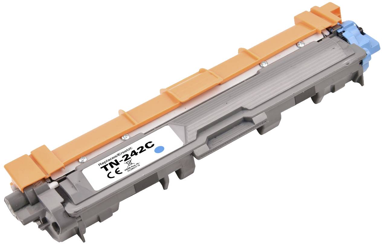 A cyan toner for printers, model 'TN-242C', with CE marking.