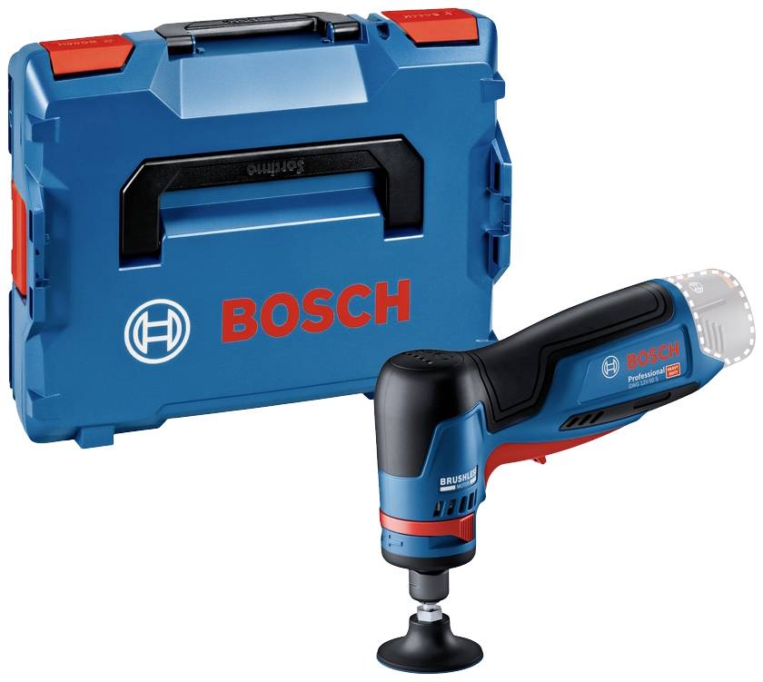 A blue Bosch angle grinder with a red logo, alongside a matching blue case with a black handle for storage.