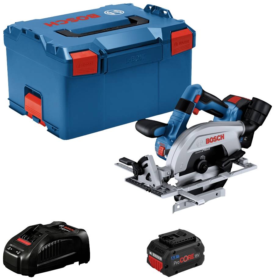 'Bosch' cordless circular saw with blue transport case, charger, and battery. Ideal for precise cuts in woodworking and metalworking.