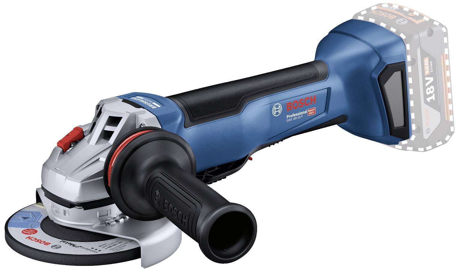 Battery-powered angle grinder in blue and black with a removable handle. Suitable for metalworking and grinding tasks.
