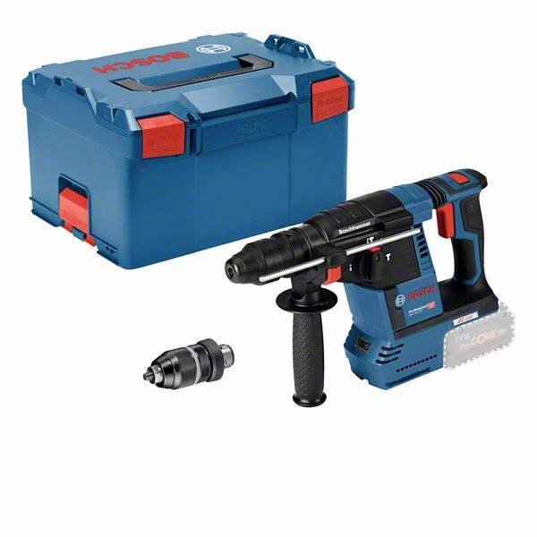 Battery-powered drill hammer in a case with an additional drill chuck on a white background. The main colour is blue with red accents.