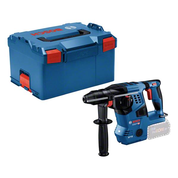 Blue Bosch drill with handle and tool box beside it, perfect for construction and renovation work.