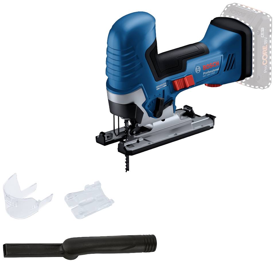Bosch cordless jigsaw with blue casing, black handle and saw blade. Two plastic parts and a black accessory part beside it.