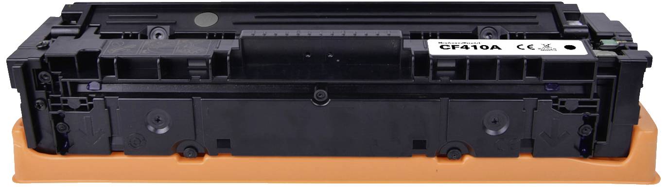 A black printer toner, Model CF410A, is lying horizontally on an orange base.