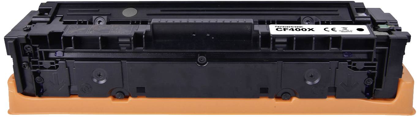 Black toner cartridge, model 'CF400X' with label and technical information, resting on an orange base.
