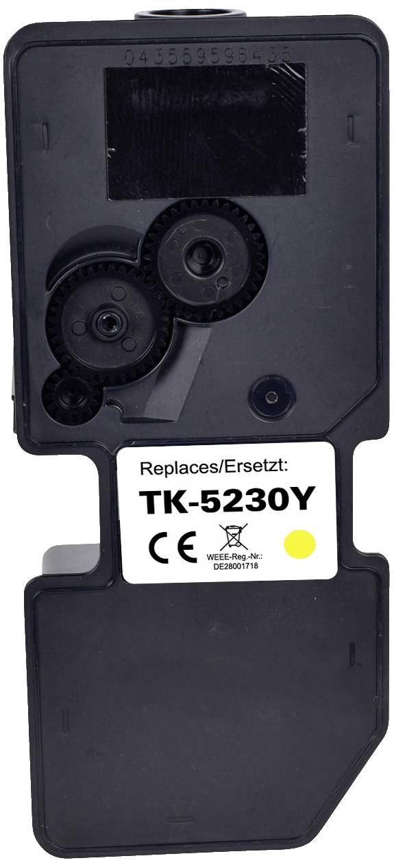 Black printer cartridge with cogwheels and a sticker reading 'Replaces/Ersetzt: TK-5230Y'. CE mark and various symbols are visible.