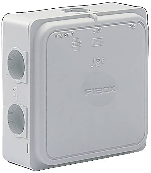 Electrical junction box in grey, with 'Fibox' printed on the front. Suitable for cables up to 6 mm² and 500V, IP65 protection rating.