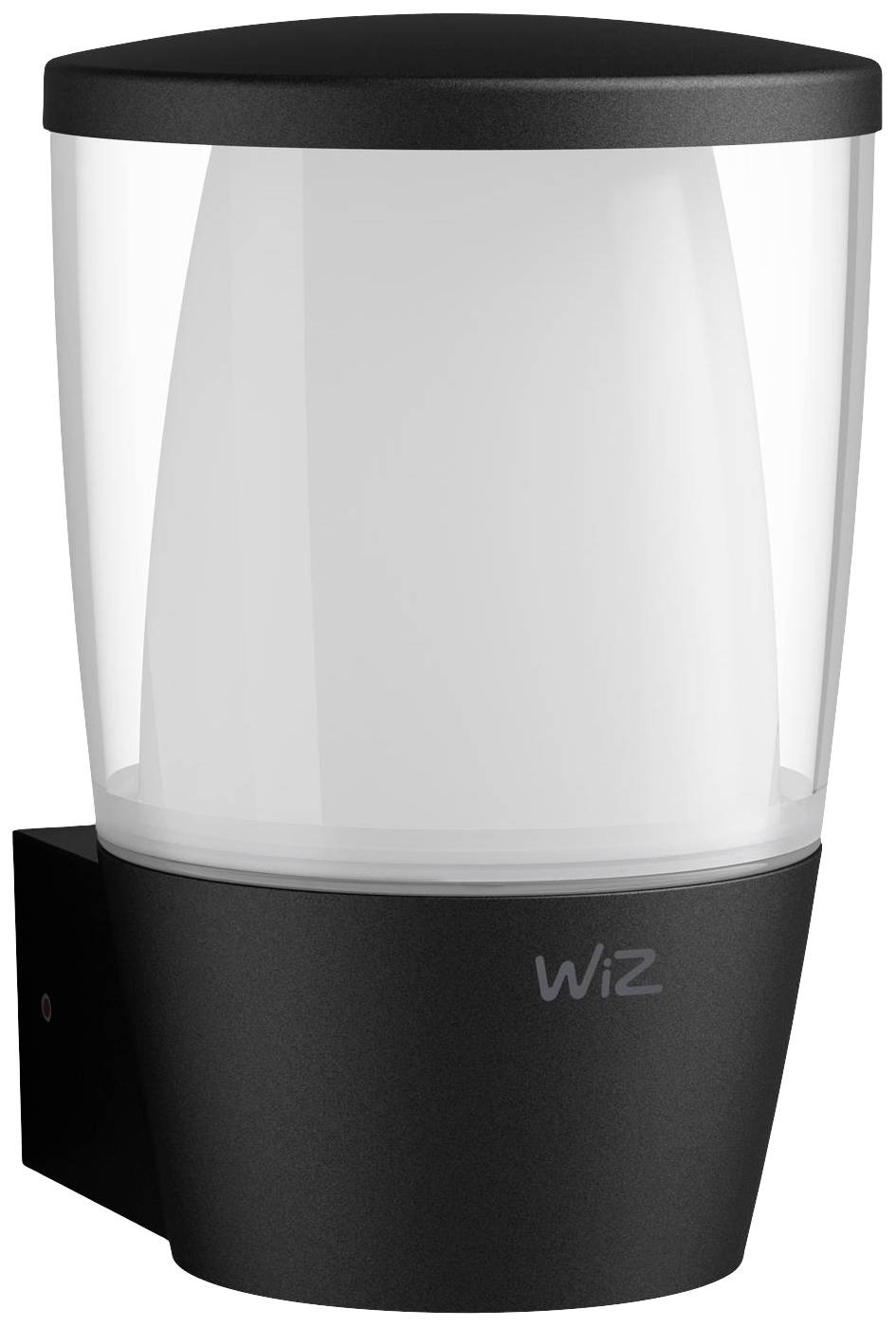 Wall light with a black base and round, transparent shade. 'Wiz' brand name on the casing. Modern design.