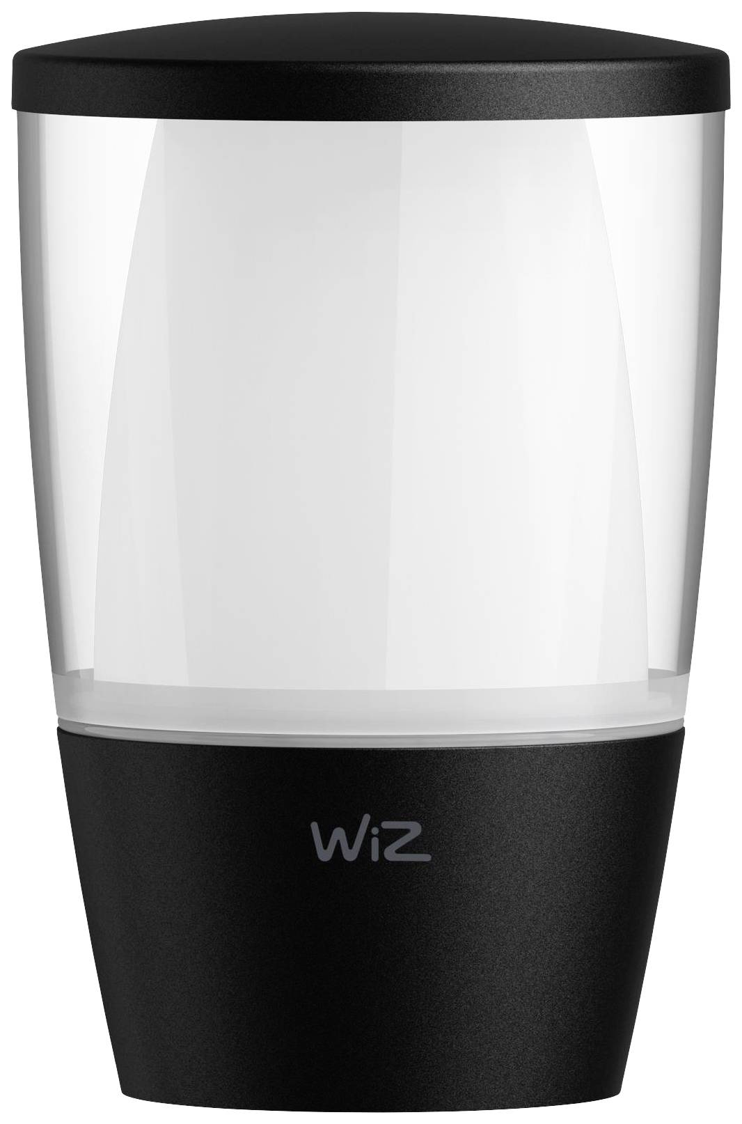 Black and white smart outdoor light from WiZ; cylindrical design, suitable for garden or balcony lighting.