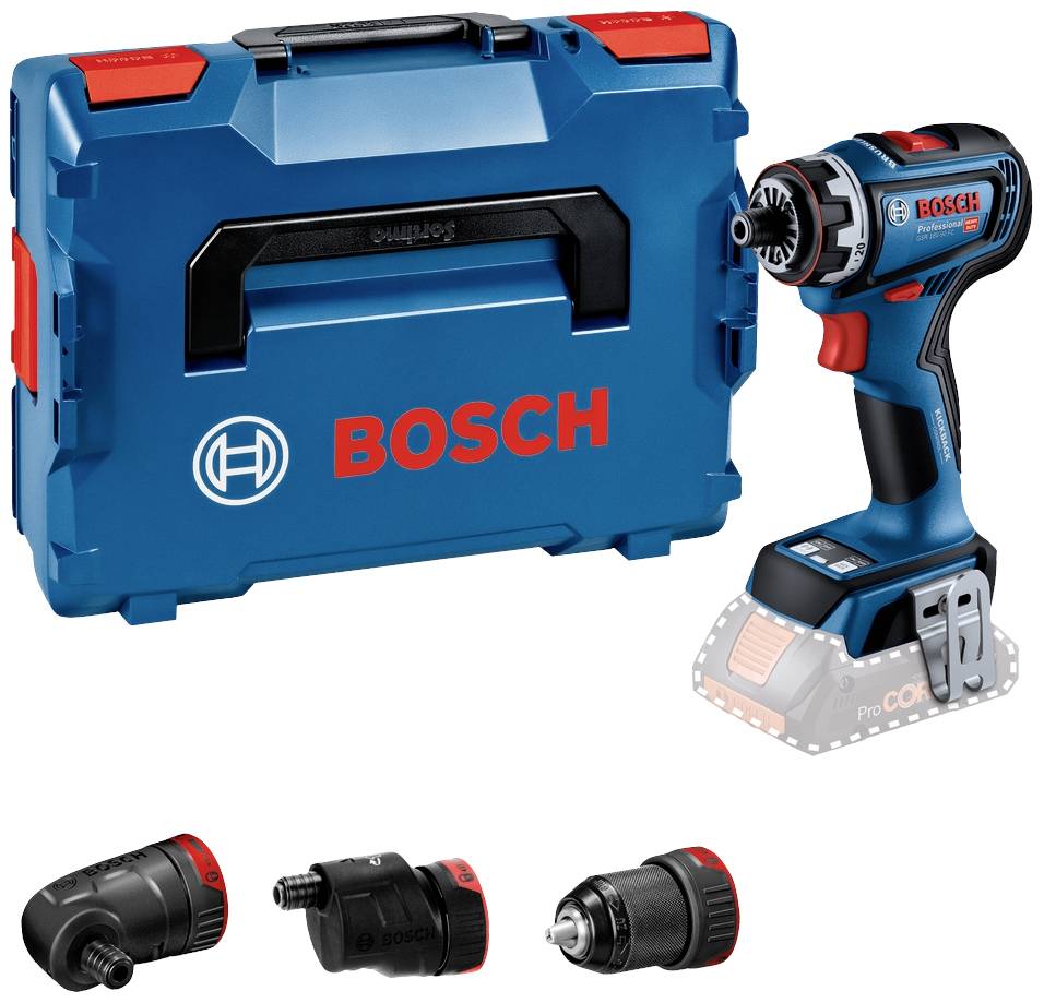Cordless drill set with blue and red drill machine, carry case and three interchangeable attachments, suitable for various screw-driving tasks.
