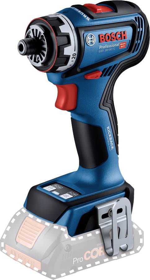 A blue, cordless Bosch cordless drill with a red accent, without battery inserted, showcases the handle and chuck design.