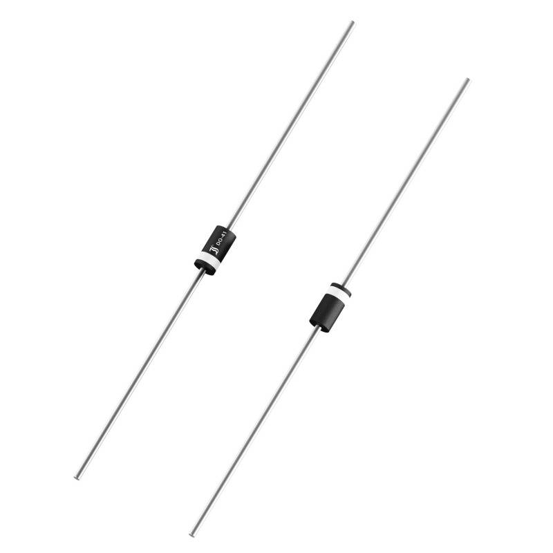 Two electronic diodes with long metal leads on a white background. One diode shows the marking 'IN5819'.