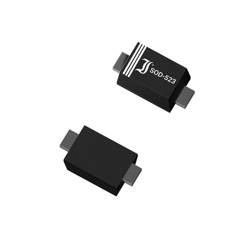Two black SMD diodes in rectangular form. One is labelled 'SOD-523'. Suitable for electronic applications.