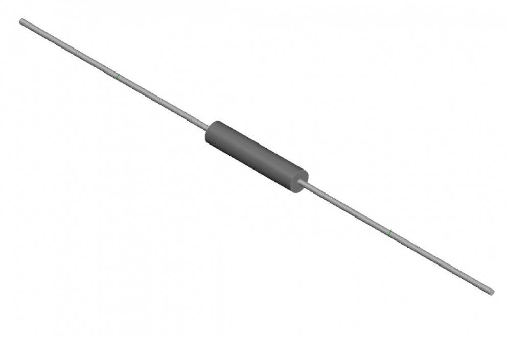 A cylindrical electrical resistor with two long wire terminals, used in electronic circuits to limit current.