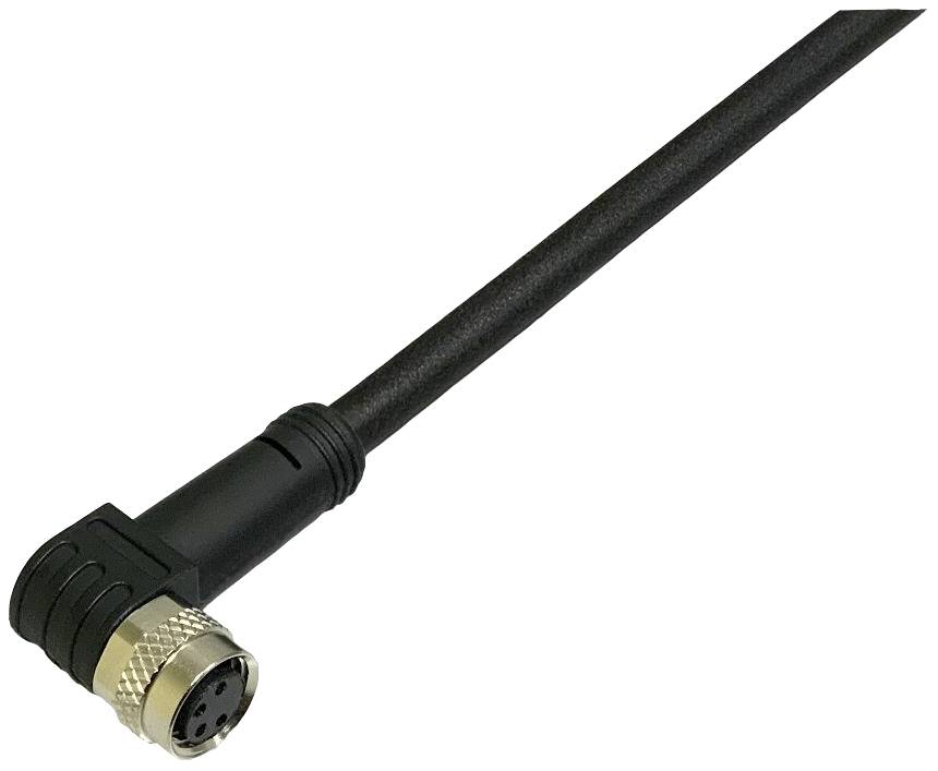 Black, angled cable with a metal plug at the end, used for electrical connections.