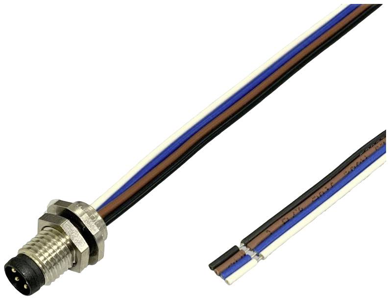 An M12 connector with four colour-coded wires in brown, blue, white, and black. The connector is used for electrical connections.