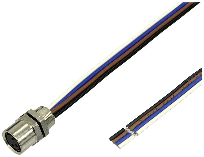 M12 circular connectors with open wire ends in white, black, blue and brown, for electrical connection.