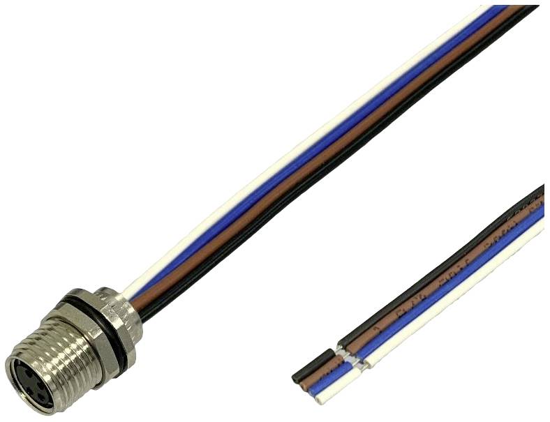 A metal plug with four differently coloured wires in white, brown, blue and black with exposed ends.