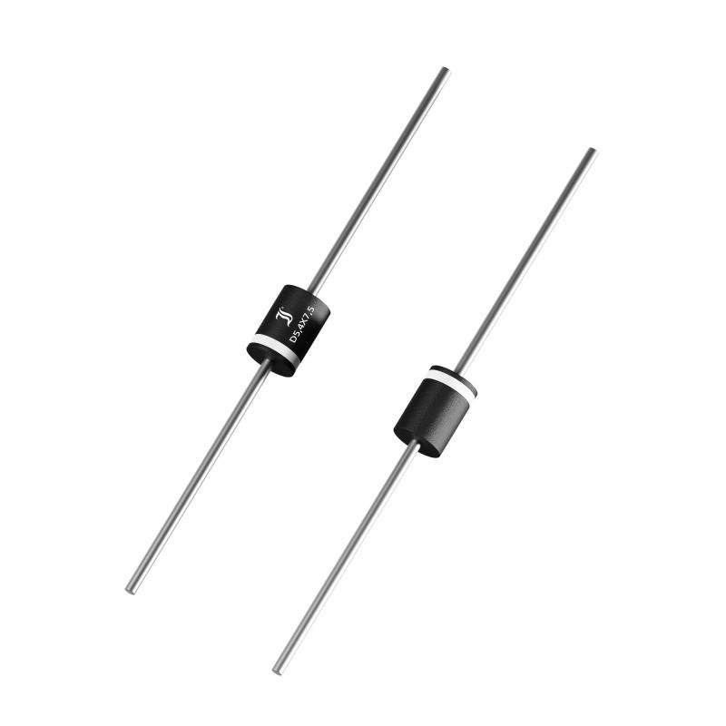 Two black diodes with silver connections, each positioned in the centre of a long metal pin, on a white background.