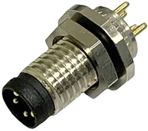 A cylindrical connector with a metal thread and four golden pins at one end. Suitable for electronic connections.