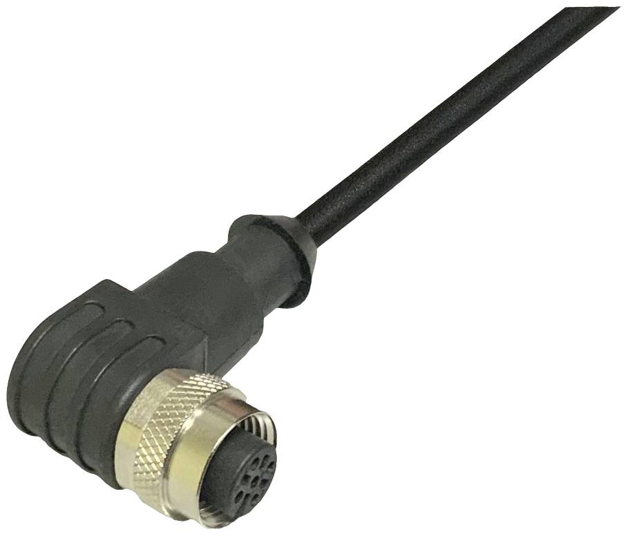 A black cable connection with an angled plug and a round metal connector, used for industrial applications.
