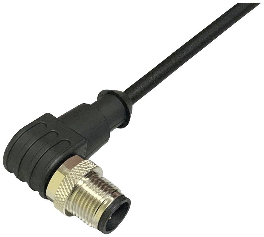 A black, right-angled connector with cable, commonly used for industrial applications or sensor technologies.