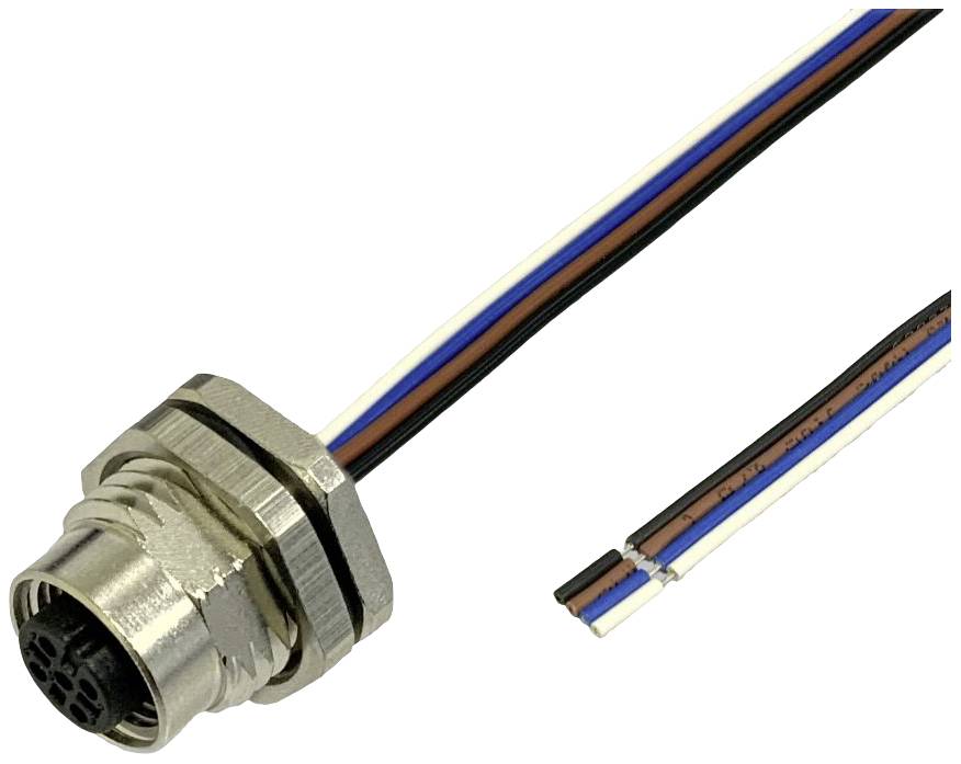 Four-pole, round connector with metal threading and cables in Black, Brown, Blue and White, next to cut cable ends.