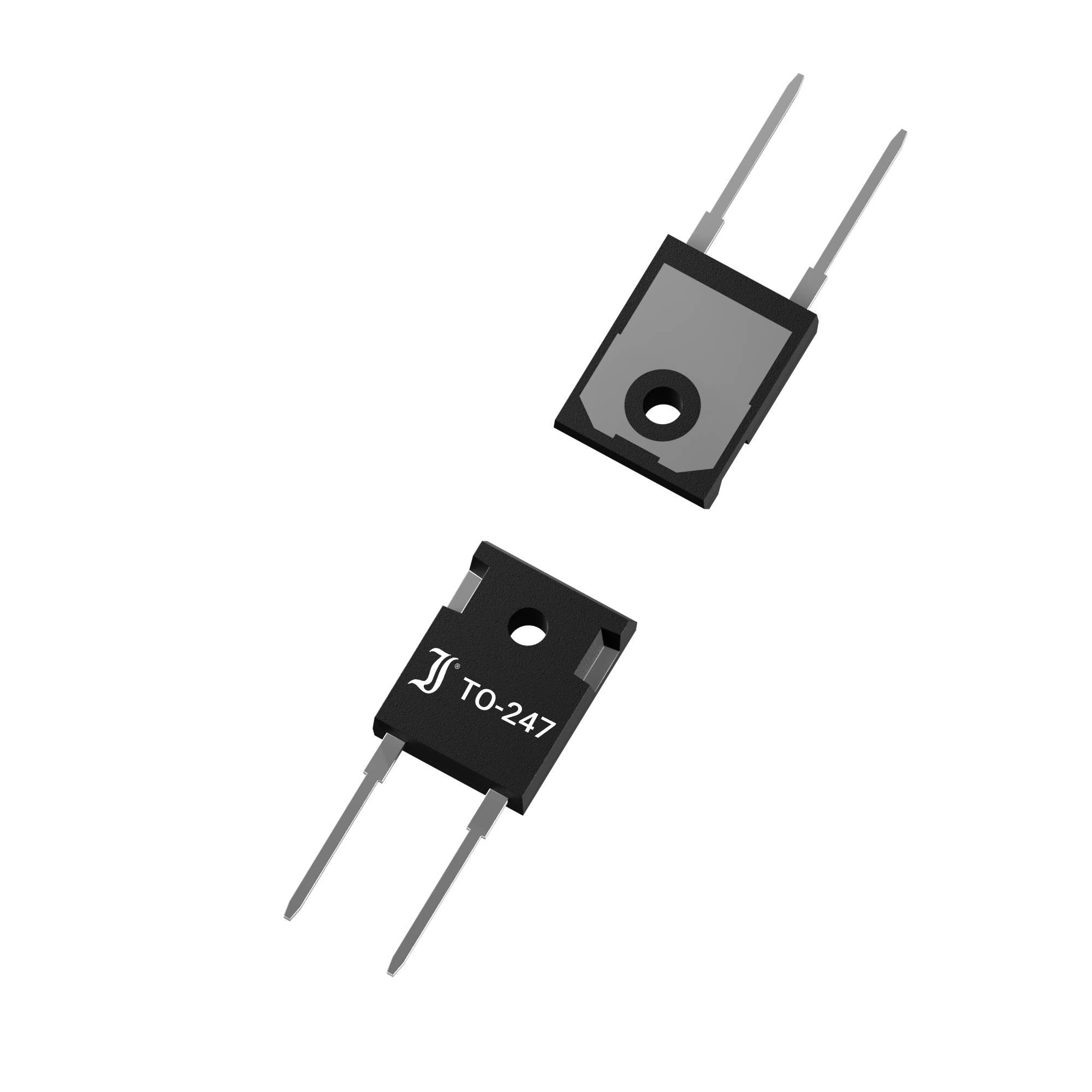 Two black electronic components in TO-247 packages on a black background, each with three connecting pins.