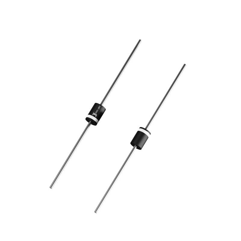 Two cylindrical diodes, black, with long connecting wires, on a white background. They are electronic components for controlling current direction.