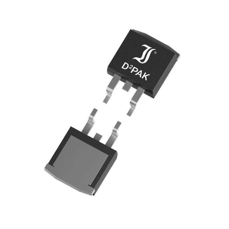 A D²PAK semiconductor package with three metal terminals, typically used for mounting electronic components on printed circuit boards.