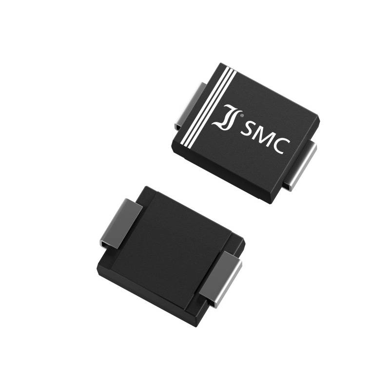 Two black electronic components in rectangular form with metallic connection surfaces, one of which is marked 'SMC'.