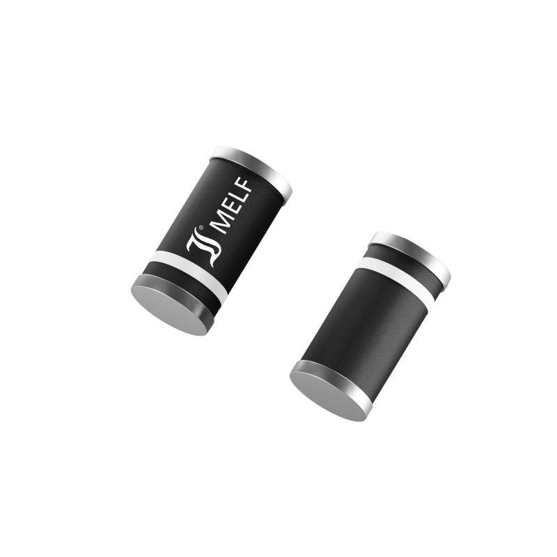 Two cylindrical electronic components with the inscription 'MELF'. They are black with silver end caps, arranged in parallel.
